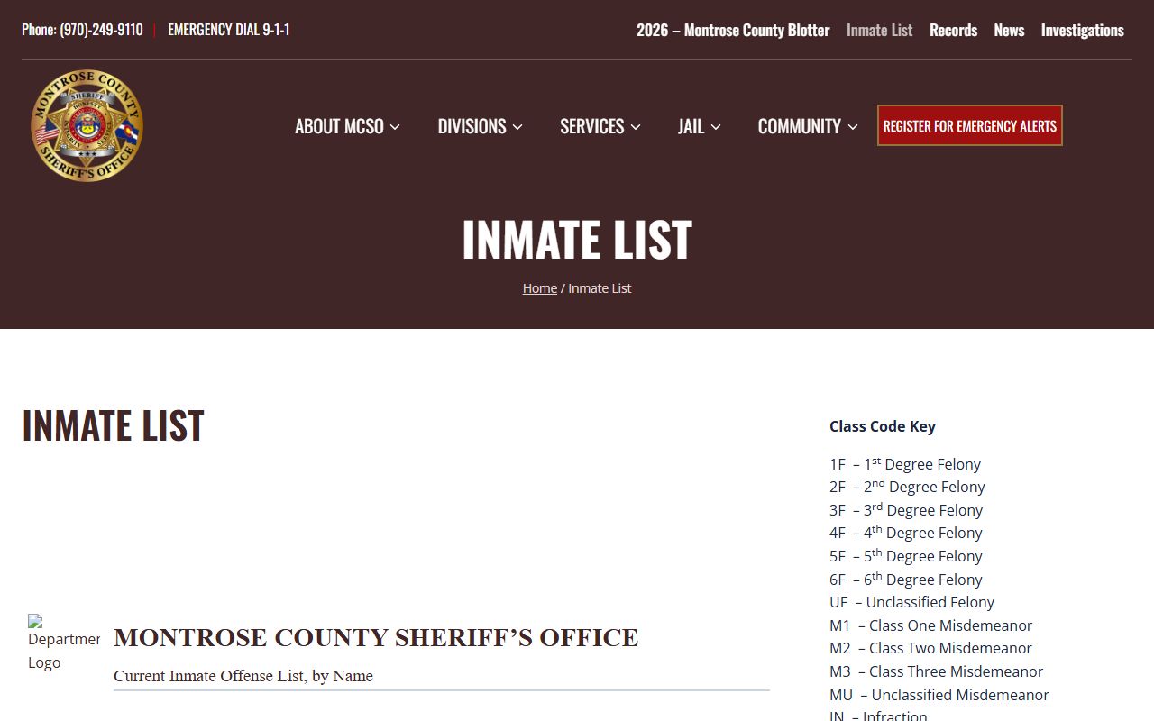 Ouray County inmate population roster lookup on the Montrose County Jail inmate list