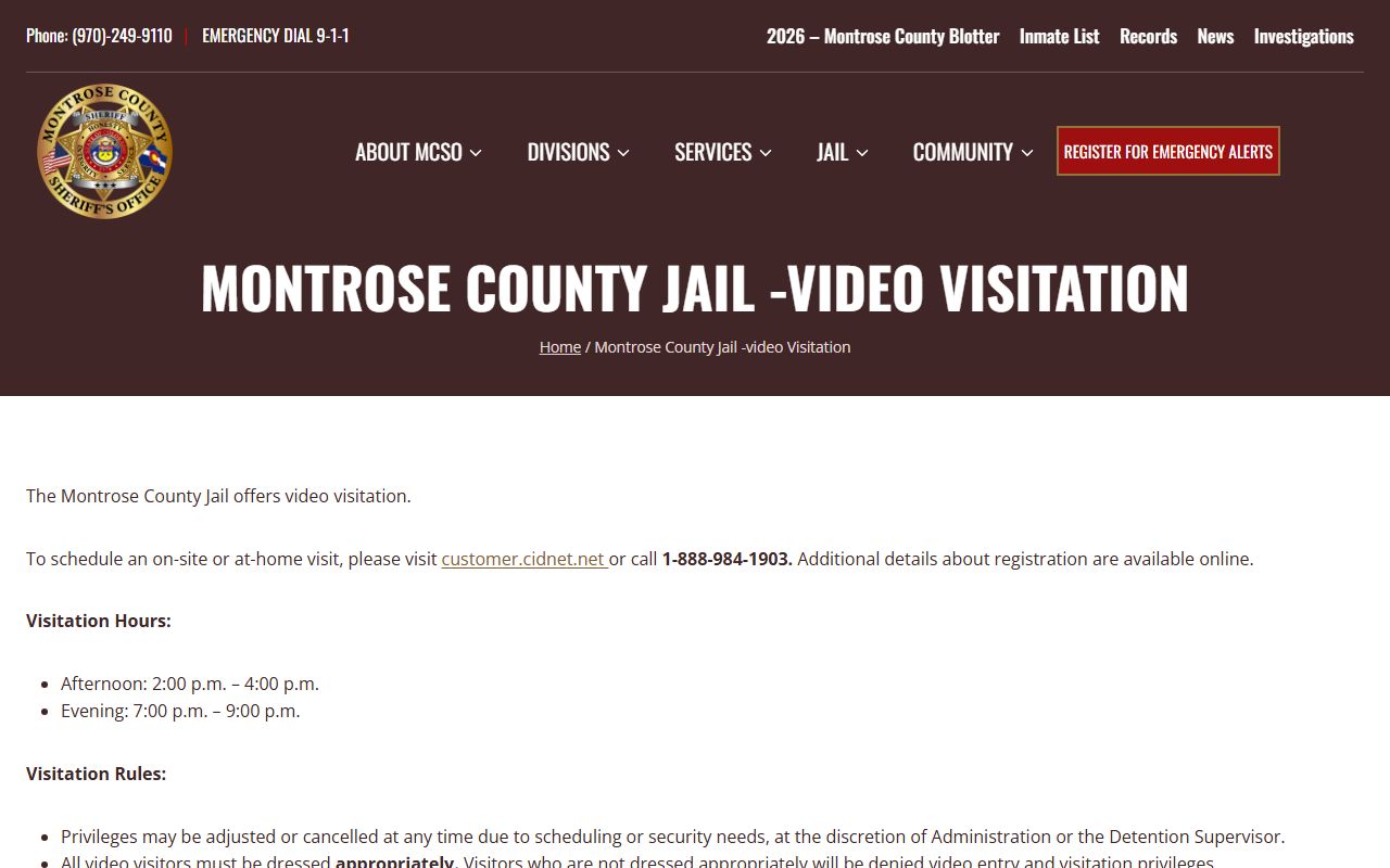 Montrose County Jail video visitation schedule for Ouray County inmates